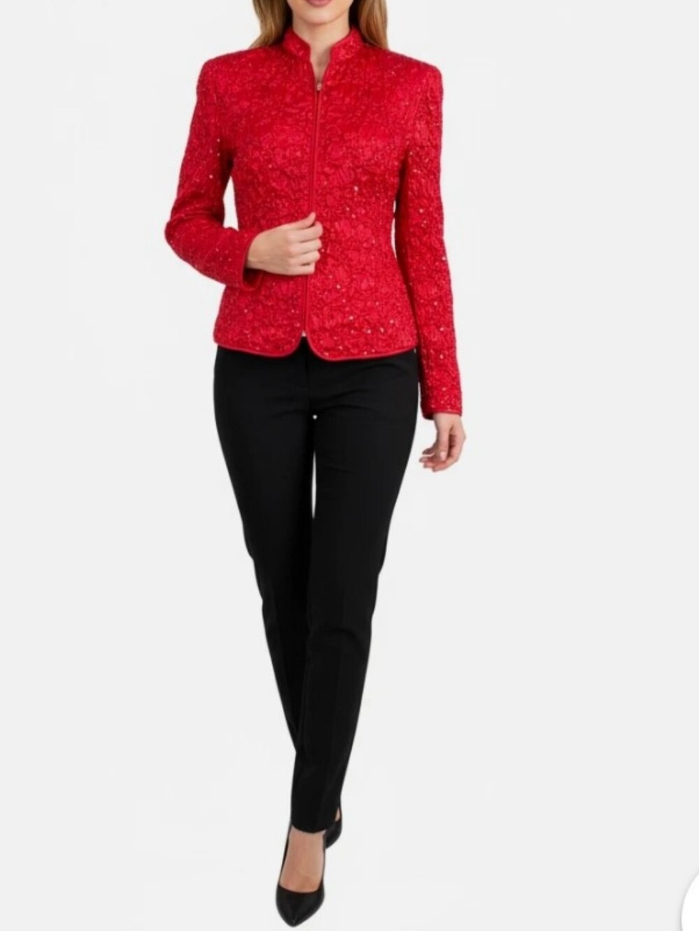 NWT Scarlett Nite Red Popcorn Sequin Zip Jacket